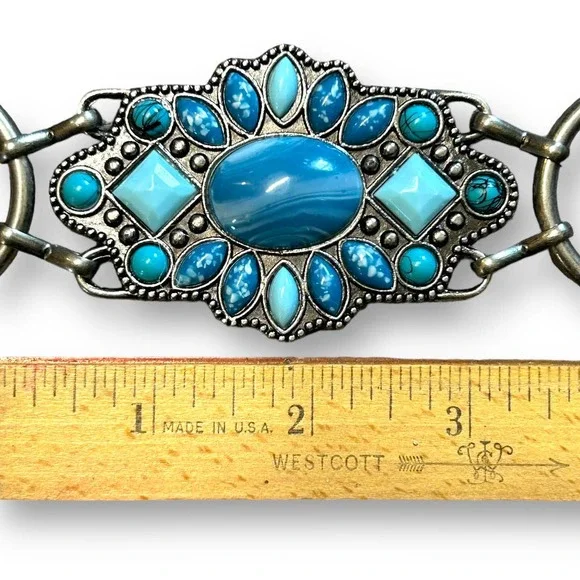 Southwest Faux Turquoise Stone and Metal Chain Belt Boho Western - Picture 5 of 6